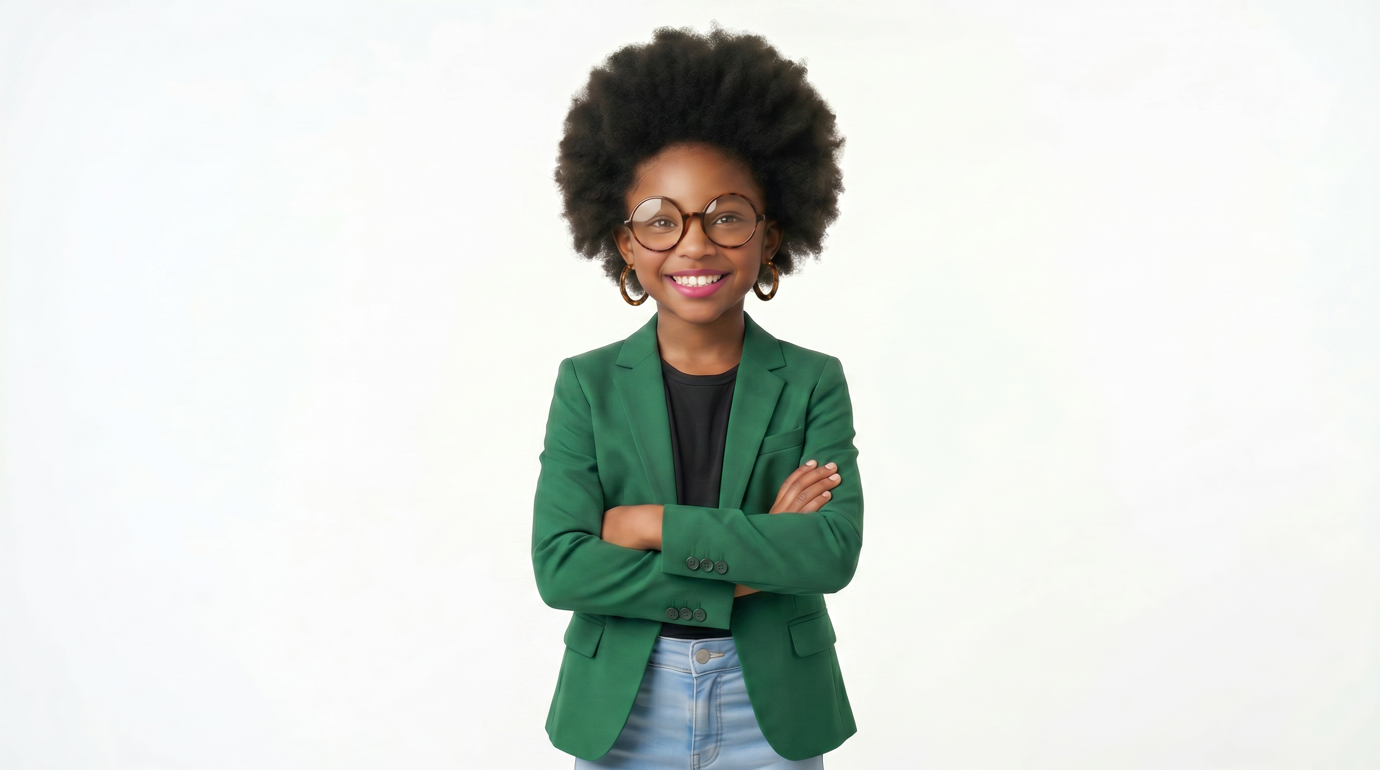 Young employee dressed sharp, arms crossed, confident